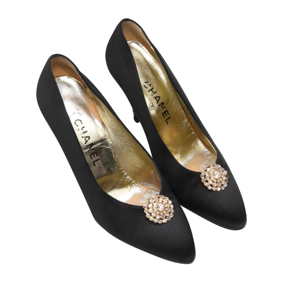 Black Chanel Satin Crystal-Embellished Pumps